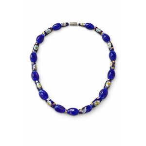 Vintage Blue Millefiori Glass Bead Necklace Murano Style Art Glass Barrel Clasp
